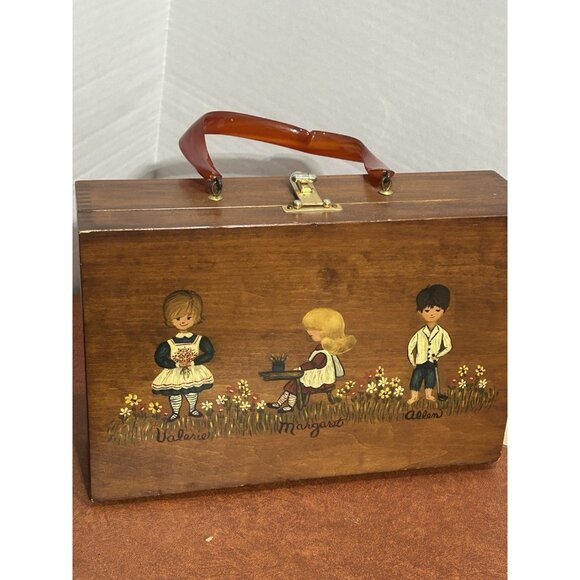 vintage wood purse Hand Painted Children Lucite Handle Rectangle Prairie - Picture 1 of 12